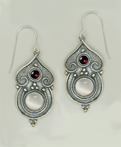 Sterling Silver Gothic Inspired Drop Dangle Earrings With White Moonstone And Garnet